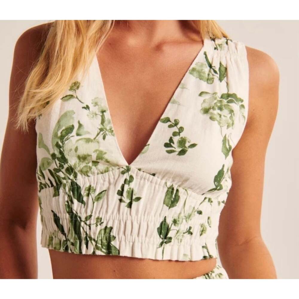 Abercrombie & Fitch Linen Blend Floral Smocked Crop Top Medium Green White
